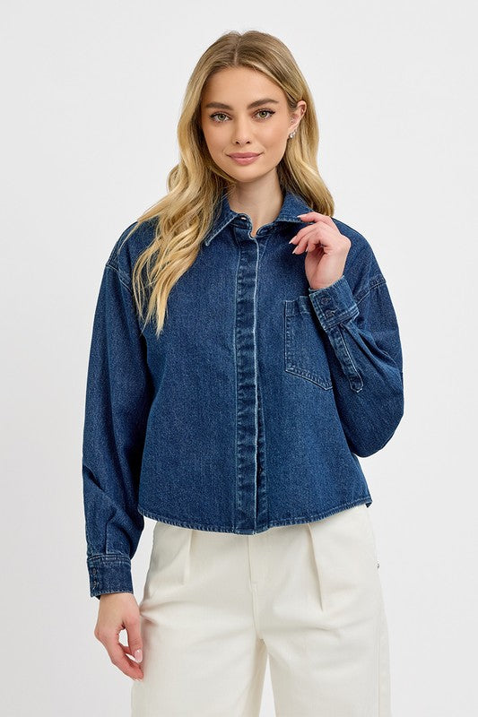 RISEN Button Up Long Sleeve Denim Shacket-Risen-Dark-M-Urbanheer