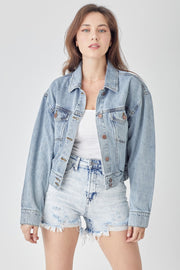 RISEN Full Size Button Down Cropped Denim Jacket-Risen-Light-S-Urbanheer