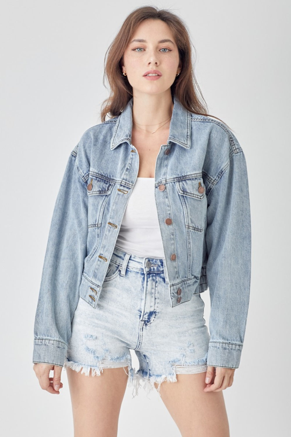RISEN Full Size Button Down Cropped Denim Jacket-Risen-Light-S-Urbanheer