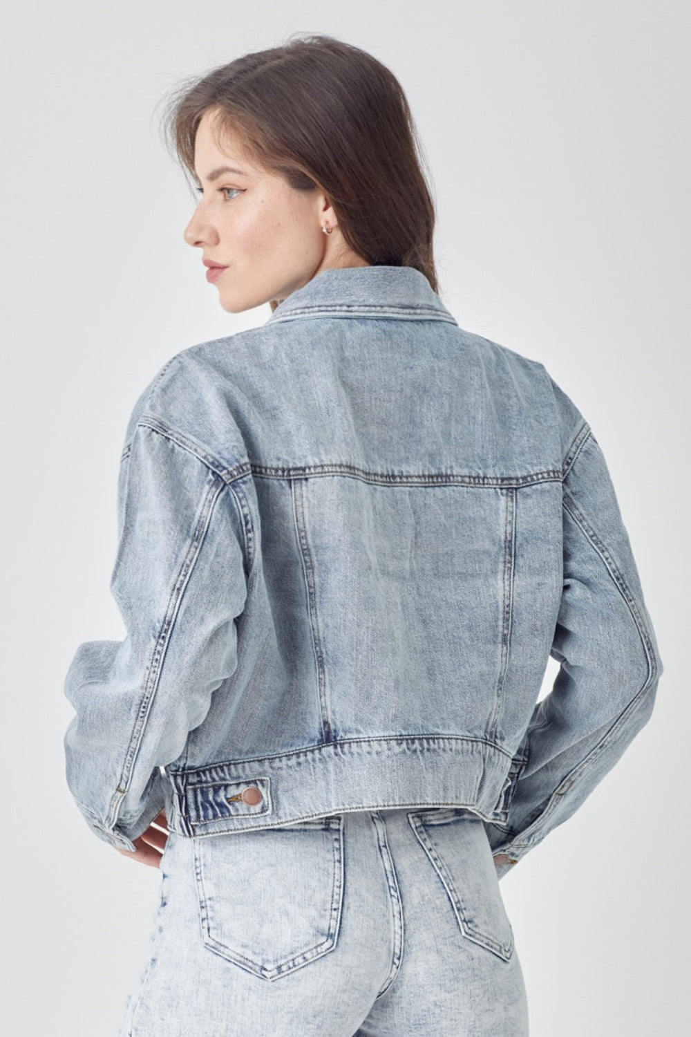 RISEN Full Size Button Down Cropped Denim Jacket-Risen-Light-S-Urbanheer