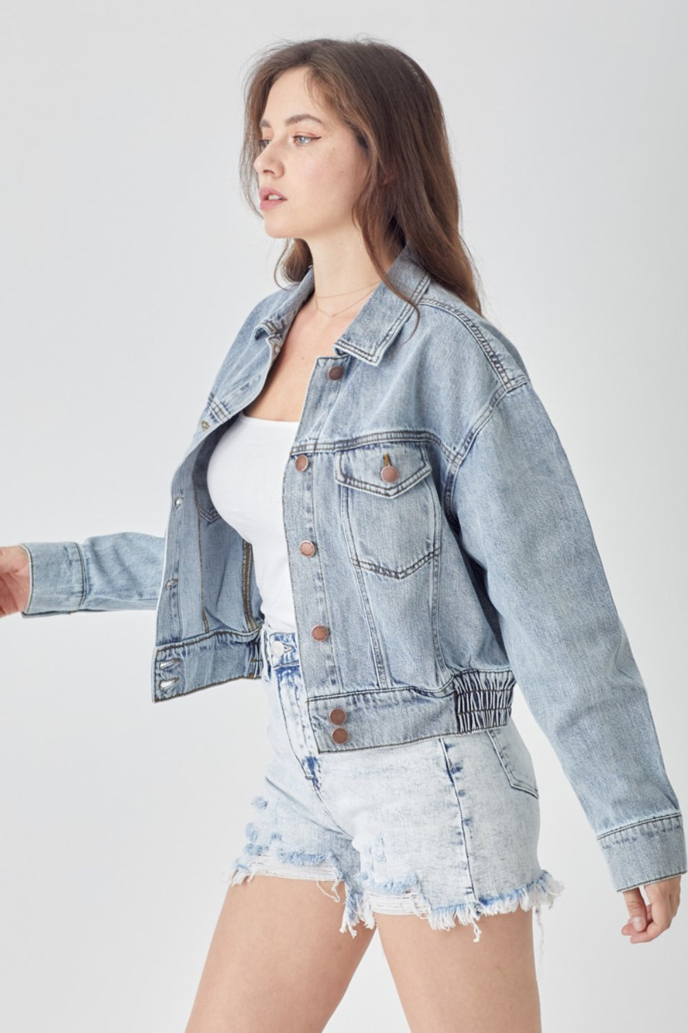 RISEN Full Size Button Down Cropped Denim Jacket-Risen-Light-S-Urbanheer