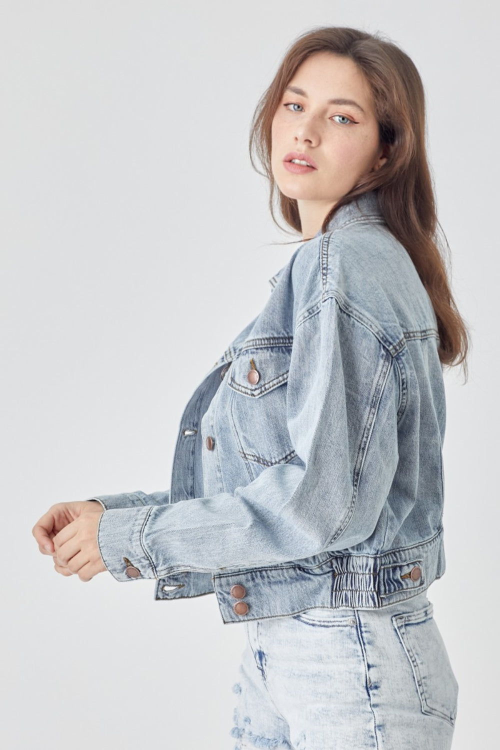 RISEN Full Size Button Down Cropped Denim Jacket-Risen-Light-S-Urbanheer