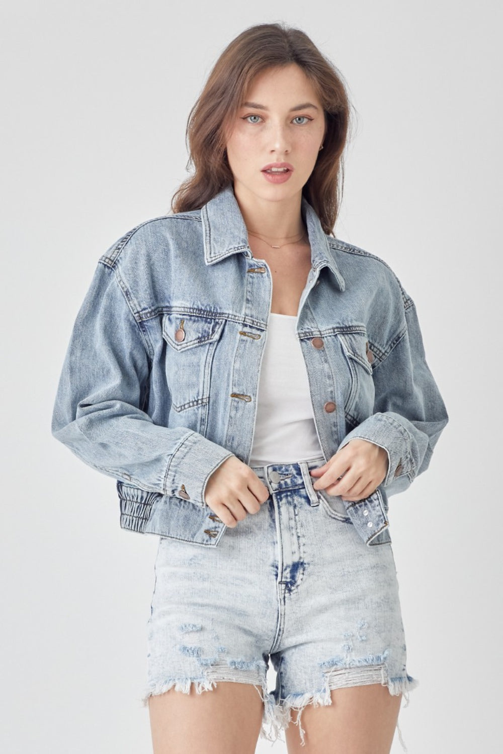 RISEN Full Size Button Down Cropped Denim Jacket-Risen-Light-S-Urbanheer