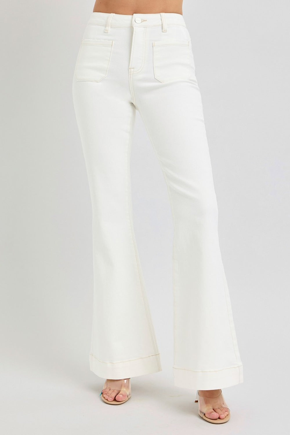 RISEN Full Size High Rise Front Patch Pocket Flare Jeans-Risen-Cream-15(32)-Urbanheer
