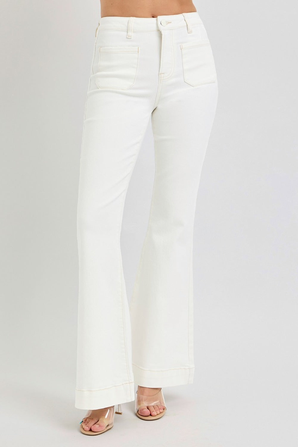 RISEN Full Size High Rise Front Patch Pocket Flare Jeans-Risen-Cream-15(32)-Urbanheer