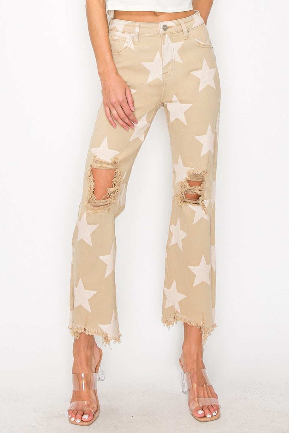 RISEN Full Size High Rise Star Printed Frayed Hem Jeans-Risen-Khaki-1XL-Urbanheer