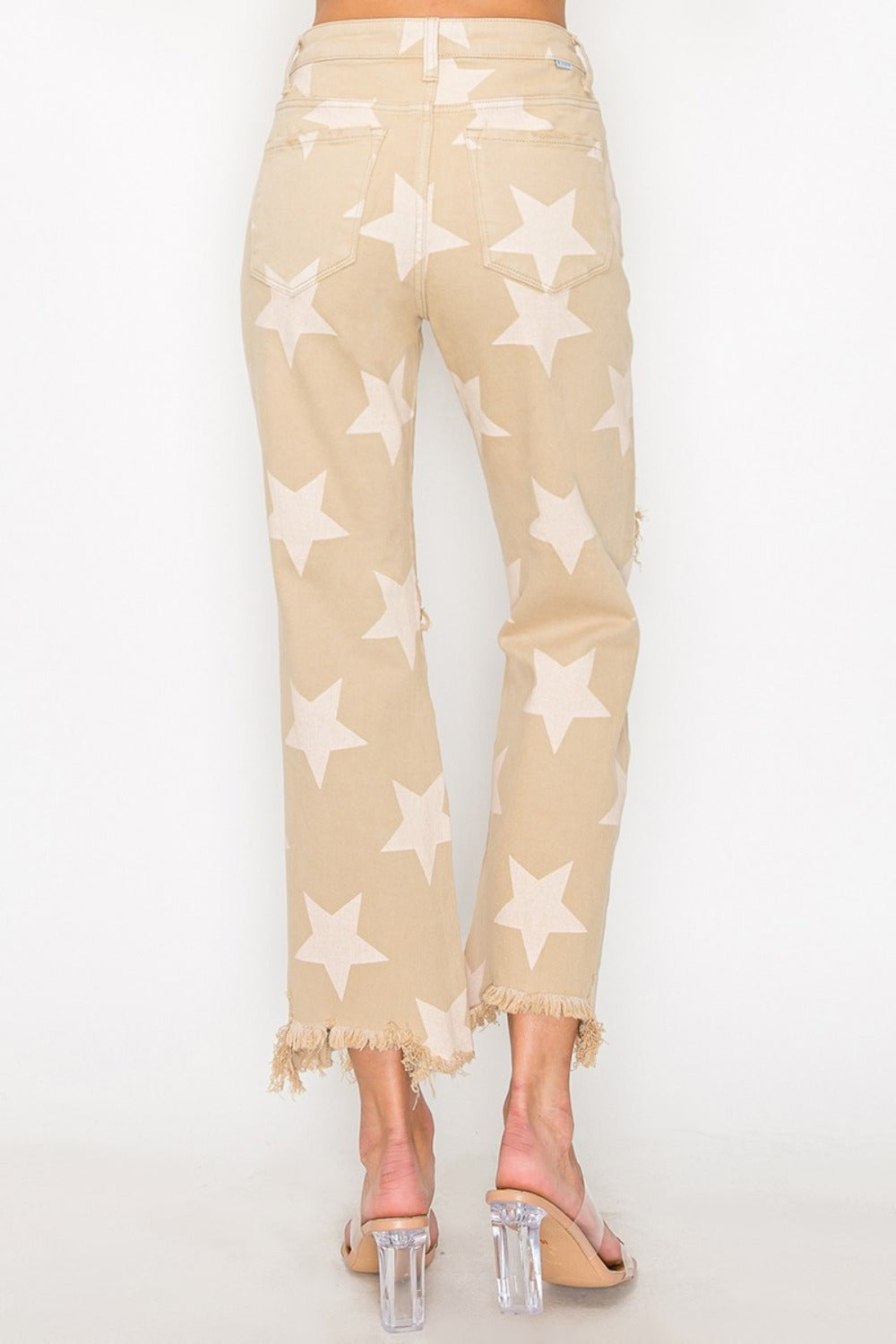 RISEN Full Size High Rise Star Printed Frayed Hem Jeans-Risen-Khaki-1XL-Urbanheer