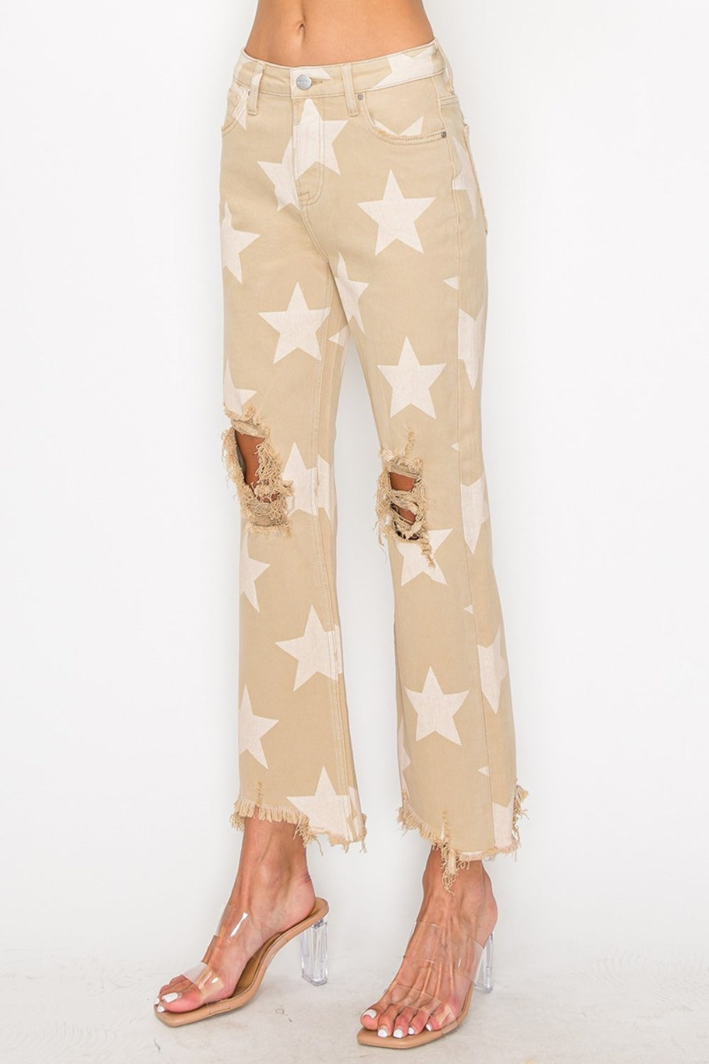 RISEN Full Size High Rise Star Printed Frayed Hem Jeans-Risen-Khaki-1XL-Urbanheer