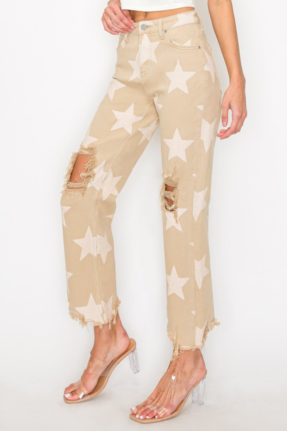 RISEN Full Size High Rise Star Printed Frayed Hem Jeans-Risen-Khaki-1XL-Urbanheer