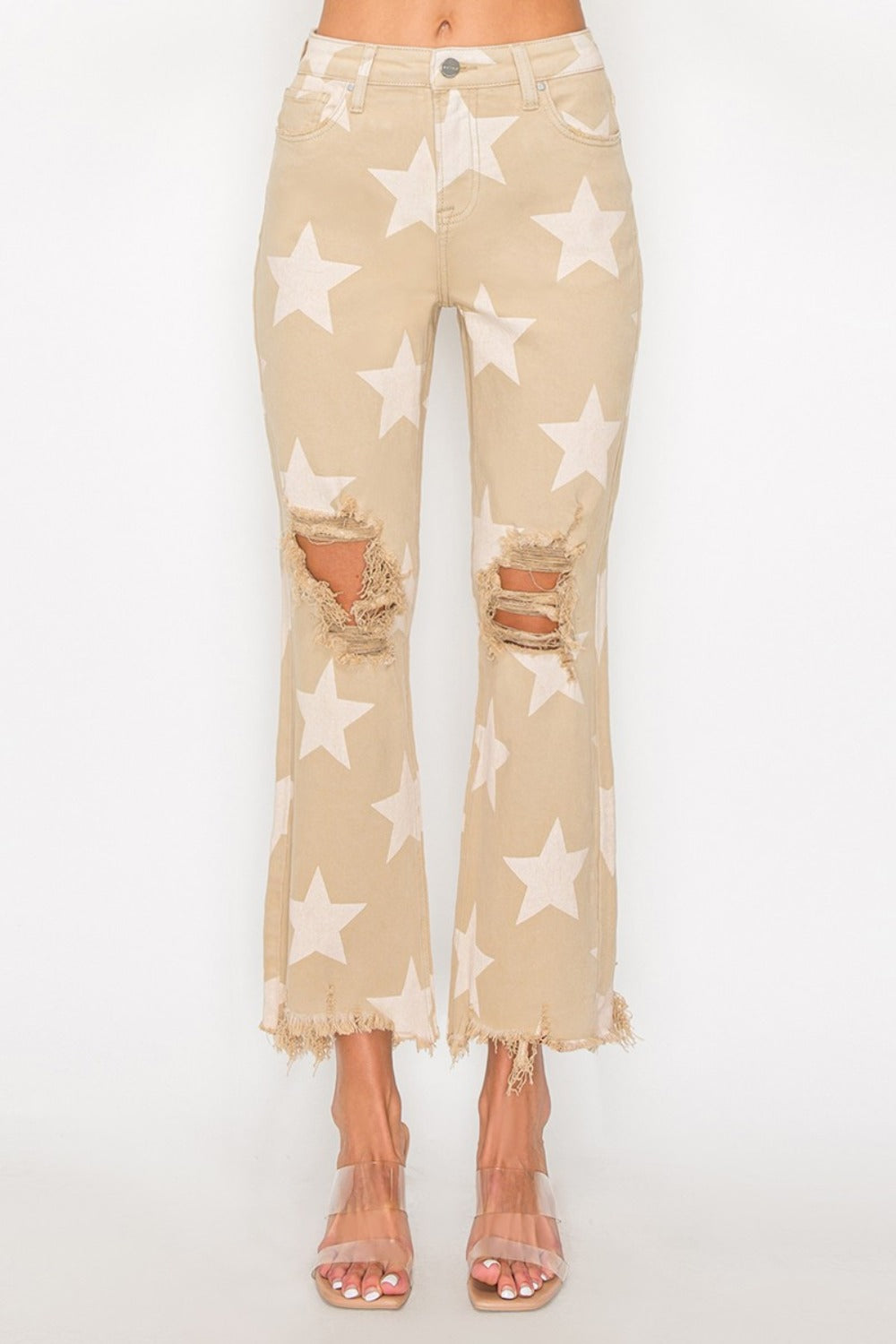 RISEN Full Size High Rise Star Printed Frayed Hem Jeans-Risen-Khaki-1XL-Urbanheer