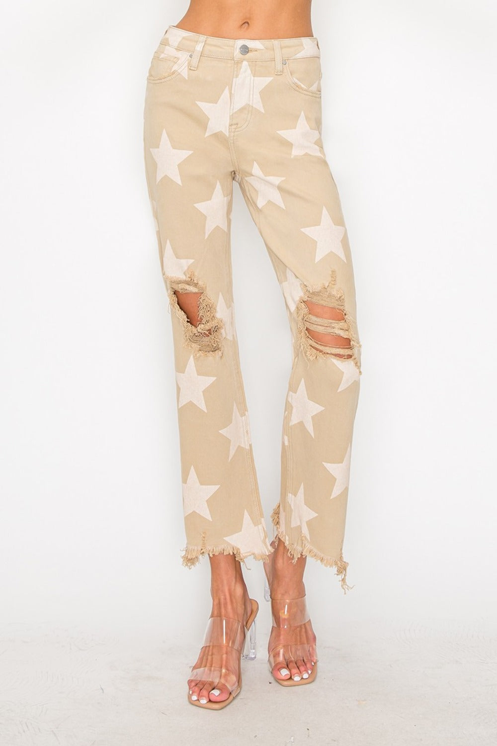 RISEN Full Size High Rise Star Printed Frayed Hem Jeans-Risen-Khaki-1XL-Urbanheer