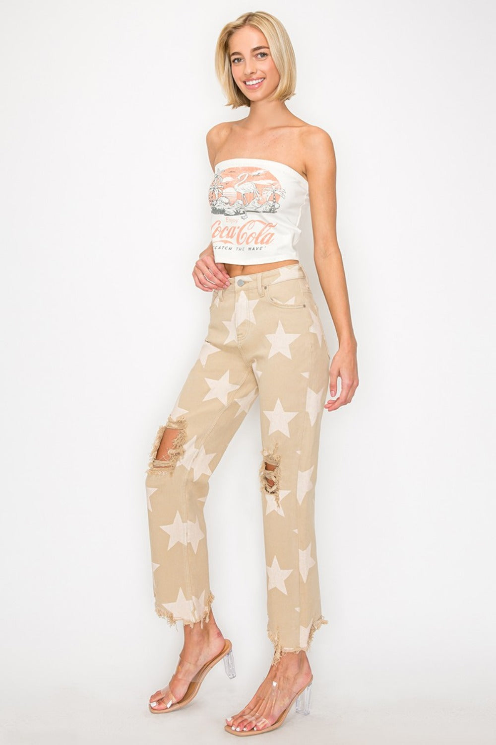 RISEN Full Size High Rise Star Printed Frayed Hem Jeans-Risen-Khaki-1XL-Urbanheer