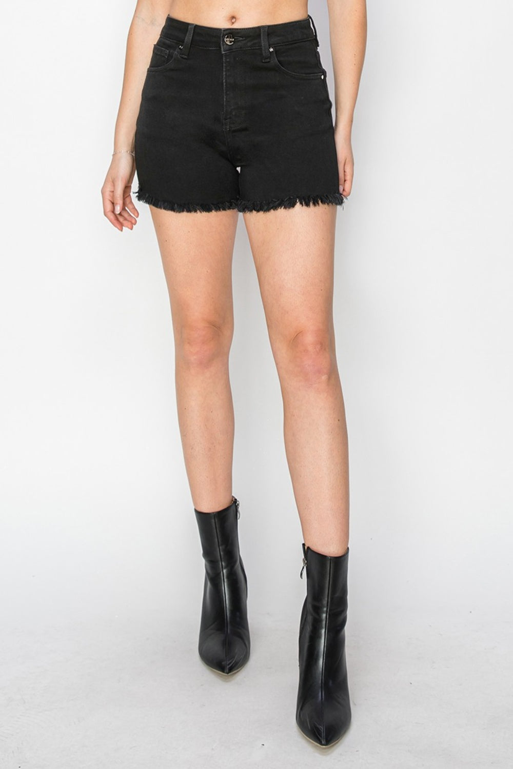 RISEN Full Size High Waist Raw Hem Denim Shorts-Risen-Solid Black-S-Urbanheer