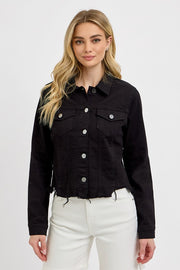 RISEN Full Size Irregular Fray Hem Button Up Denim Jacket Plus Size-Risen-Black-S-Urbanheer