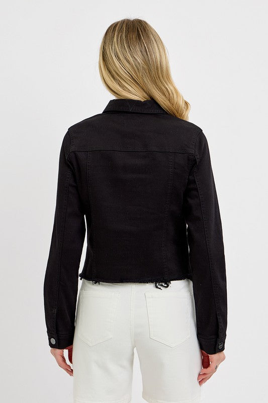 RISEN Full Size Irregular Fray Hem Button Up Denim Jacket Plus Size-Risen-Black-S-Urbanheer