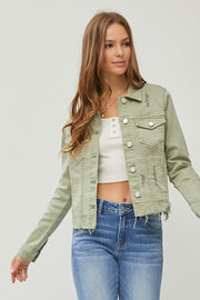 RISEN Full Size Raw Hem Button Up Cropped Denim Jacket Plus Size-Risen-Sage-S-Urbanheer