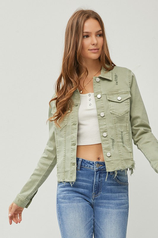 RISEN Full Size Raw Hem Button Up Cropped Denim Jacket Plus Size-Risen-Sage-S-Urbanheer