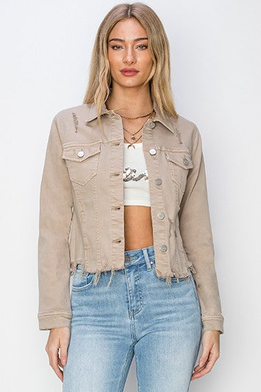 RISEN Full Size Raw Hem Button Up Cropped Denim Jacket Plus Size-Risen-Khaki-3XL-Urbanheer