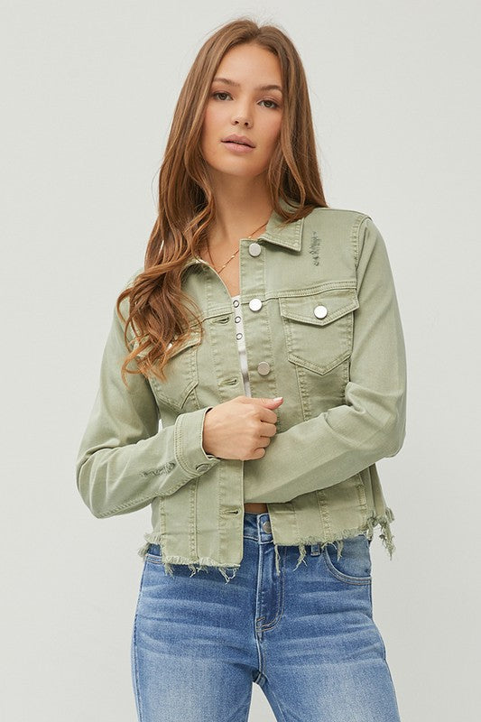 RISEN Full Size Raw Hem Button Up Cropped Denim Jacket Plus Size-Risen-Sage-S-Urbanheer