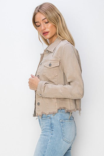 RISEN Full Size Raw Hem Button Up Cropped Denim Jacket Plus Size-Risen-Khaki-3XL-Urbanheer