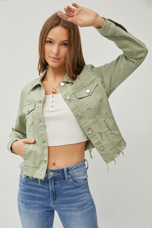 RISEN Full Size Raw Hem Button Up Cropped Denim Jacket Plus Size-Risen-Sage-S-Urbanheer