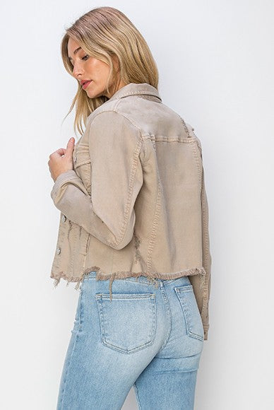RISEN Full Size Raw Hem Button Up Cropped Denim Jacket Plus Size-Risen-Khaki-3XL-Urbanheer