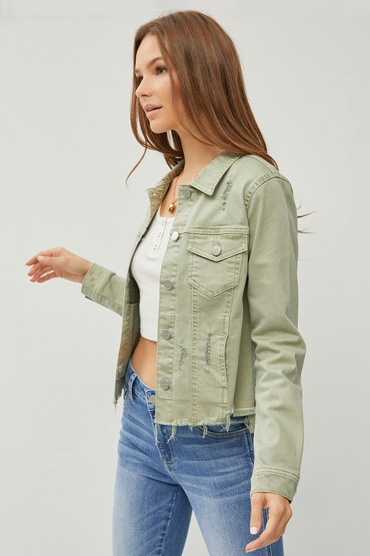 RISEN Full Size Raw Hem Button Up Cropped Denim Jacket Plus Size-Risen-Sage-S-Urbanheer