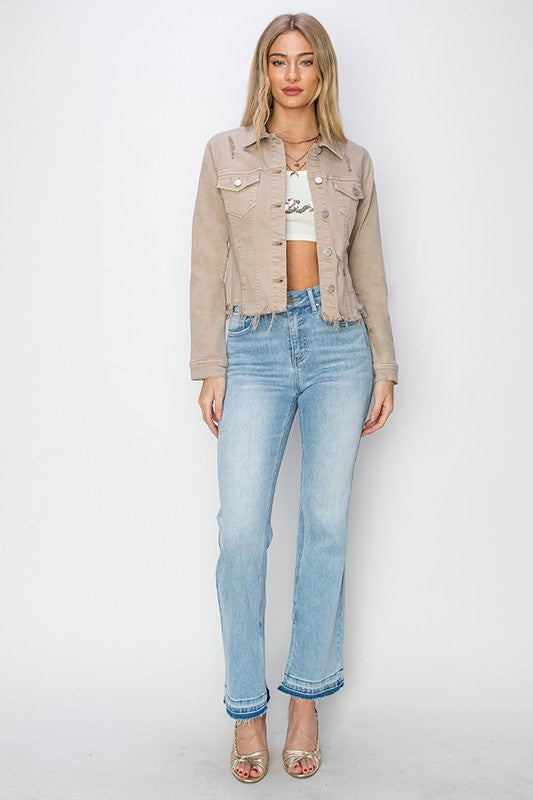 RISEN Full Size Raw Hem Button Up Cropped Denim Jacket Plus Size-Risen-Khaki-3XL-Urbanheer