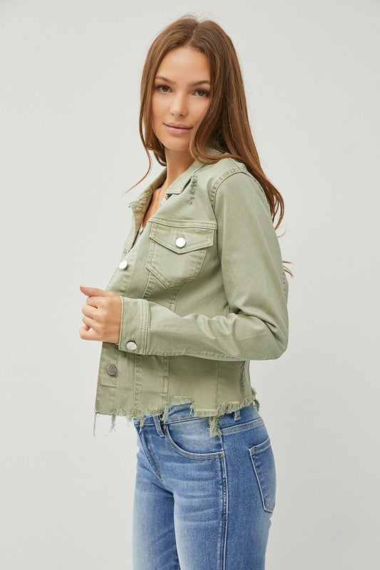 RISEN Full Size Raw Hem Button Up Cropped Denim Jacket Plus Size-Risen-Sage-S-Urbanheer