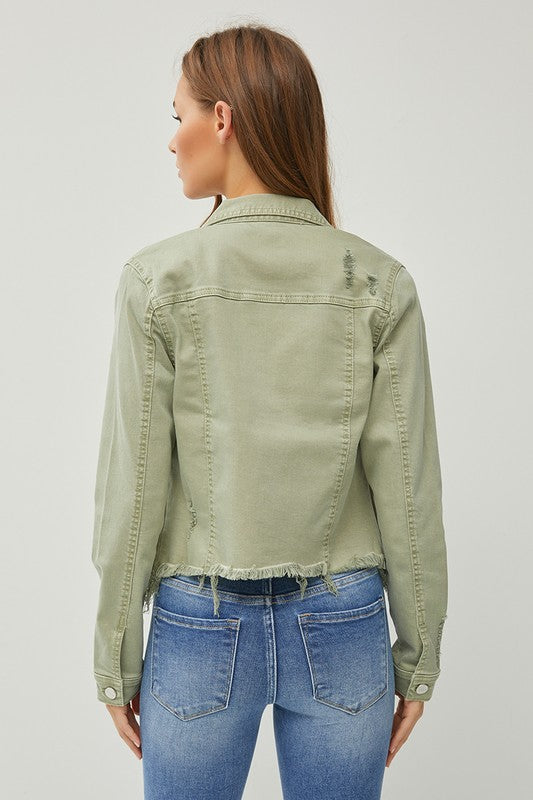RISEN Full Size Raw Hem Button Up Cropped Denim Jacket Plus Size-Risen-Sage-S-Urbanheer