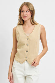 RISEN Full Size V Neck Button Down Vest Plus Size-Risen-Latte-1XL-Urbanheer