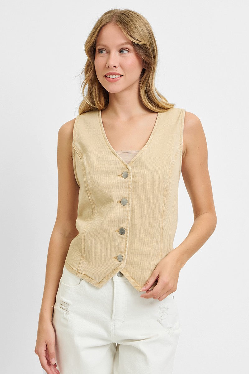 RISEN Full Size V Neck Button Down Vest Plus Size-Risen-Latte-1XL-Urbanheer