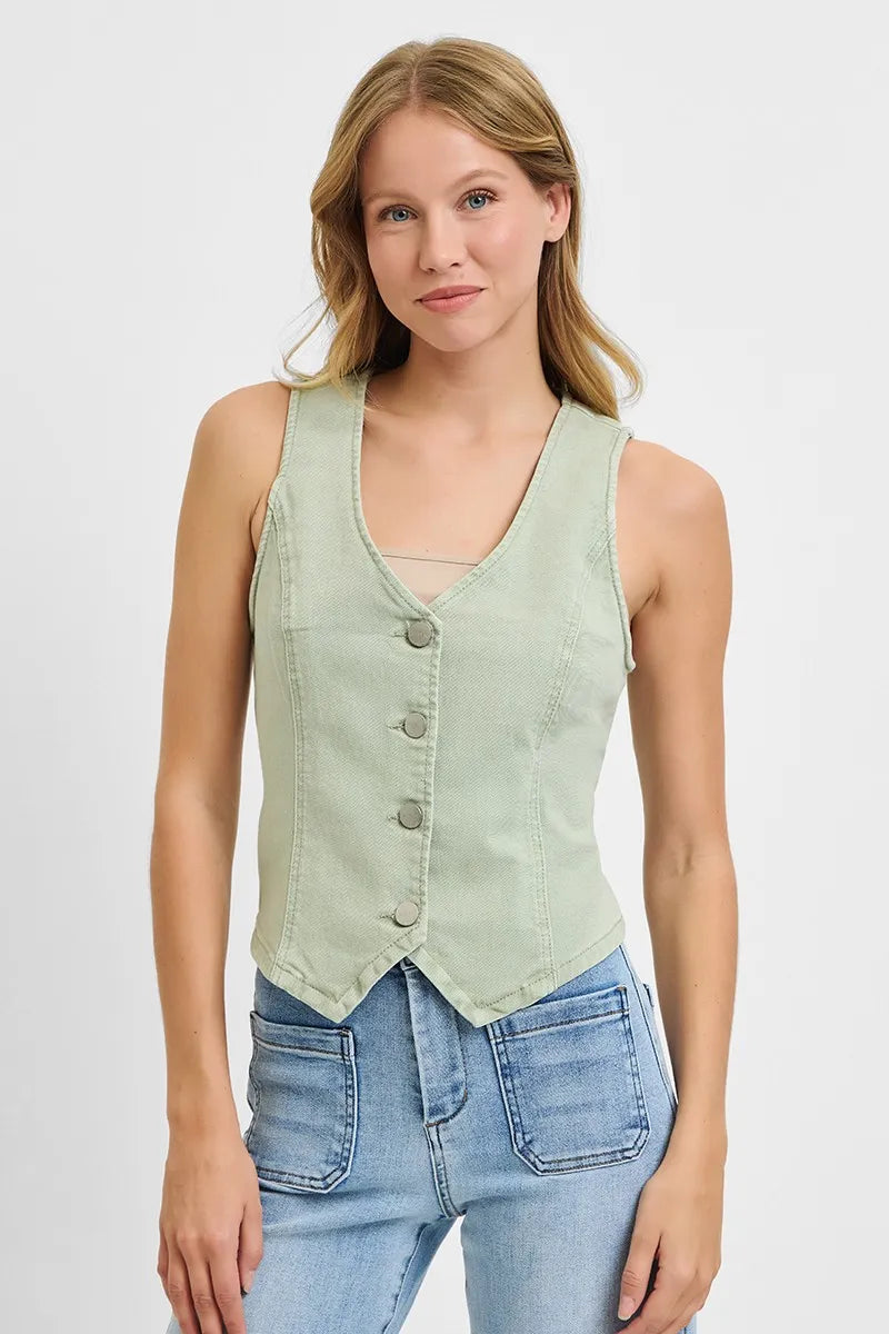 RISEN Full Size V Neck Button Down Vest Plus Size-Risen-Pistachio-S-Urbanheer