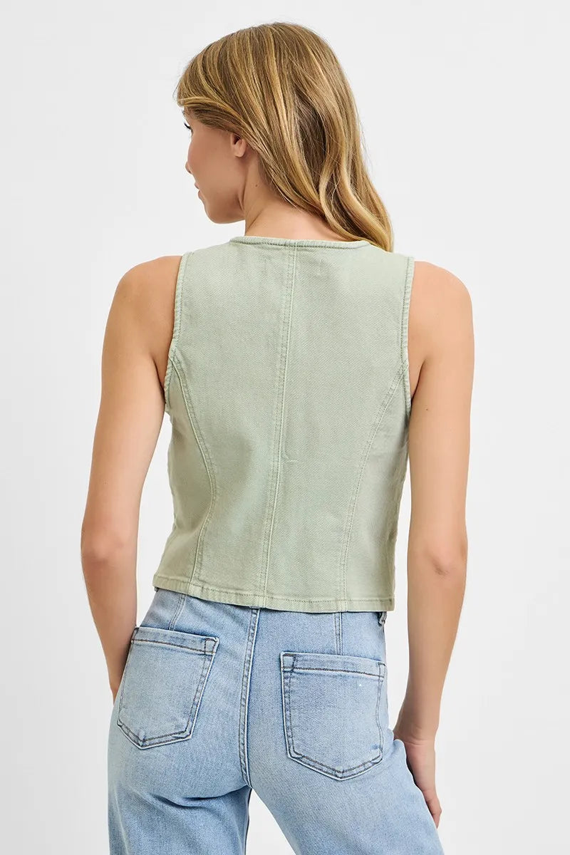 RISEN Full Size V Neck Button Down Vest Plus Size-Risen-Pistachio-S-Urbanheer