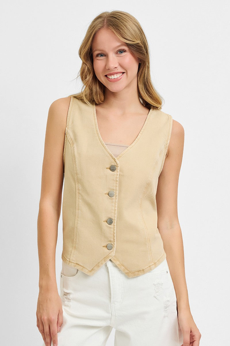 RISEN Full Size V Neck Button Down Vest Plus Size-Risen-Latte-1XL-Urbanheer