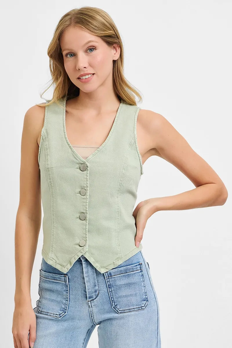 RISEN Full Size V Neck Button Down Vest Plus Size-Risen-Pistachio-S-Urbanheer