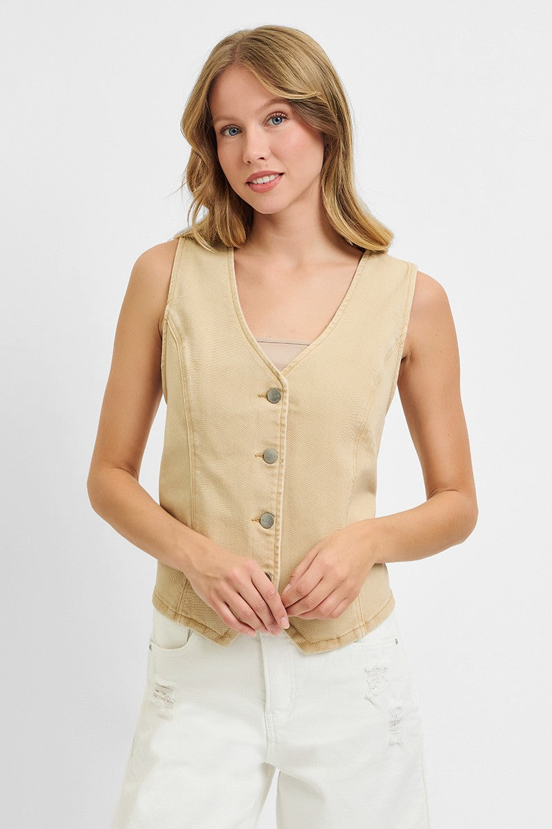 RISEN Full Size V Neck Button Down Vest Plus Size-Risen-Latte-1XL-Urbanheer