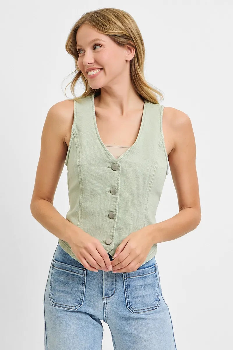 RISEN Full Size V Neck Button Down Vest Plus Size-Risen-Pistachio-S-Urbanheer