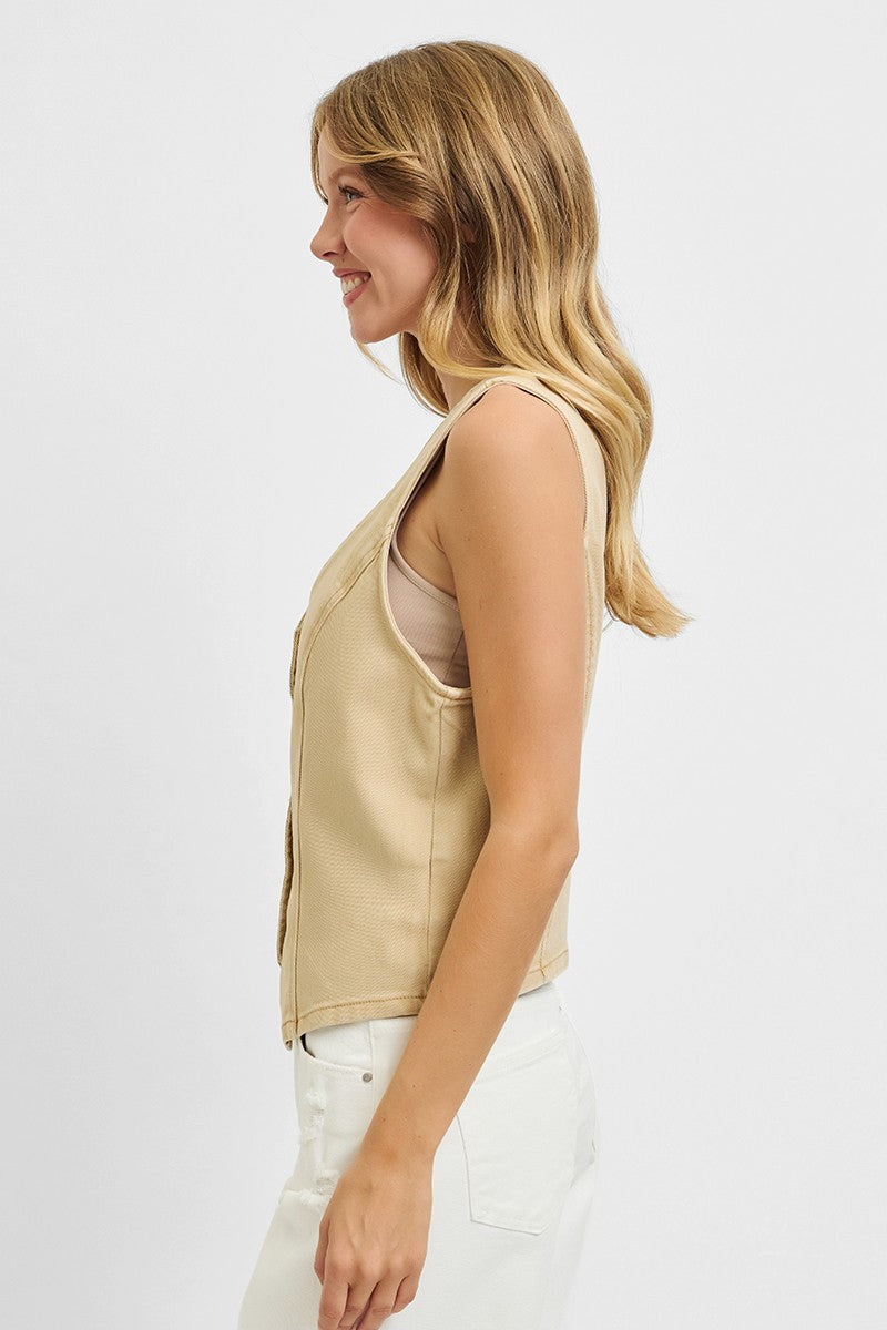 RISEN Full Size V Neck Button Down Vest Plus Size-Risen-Latte-1XL-Urbanheer