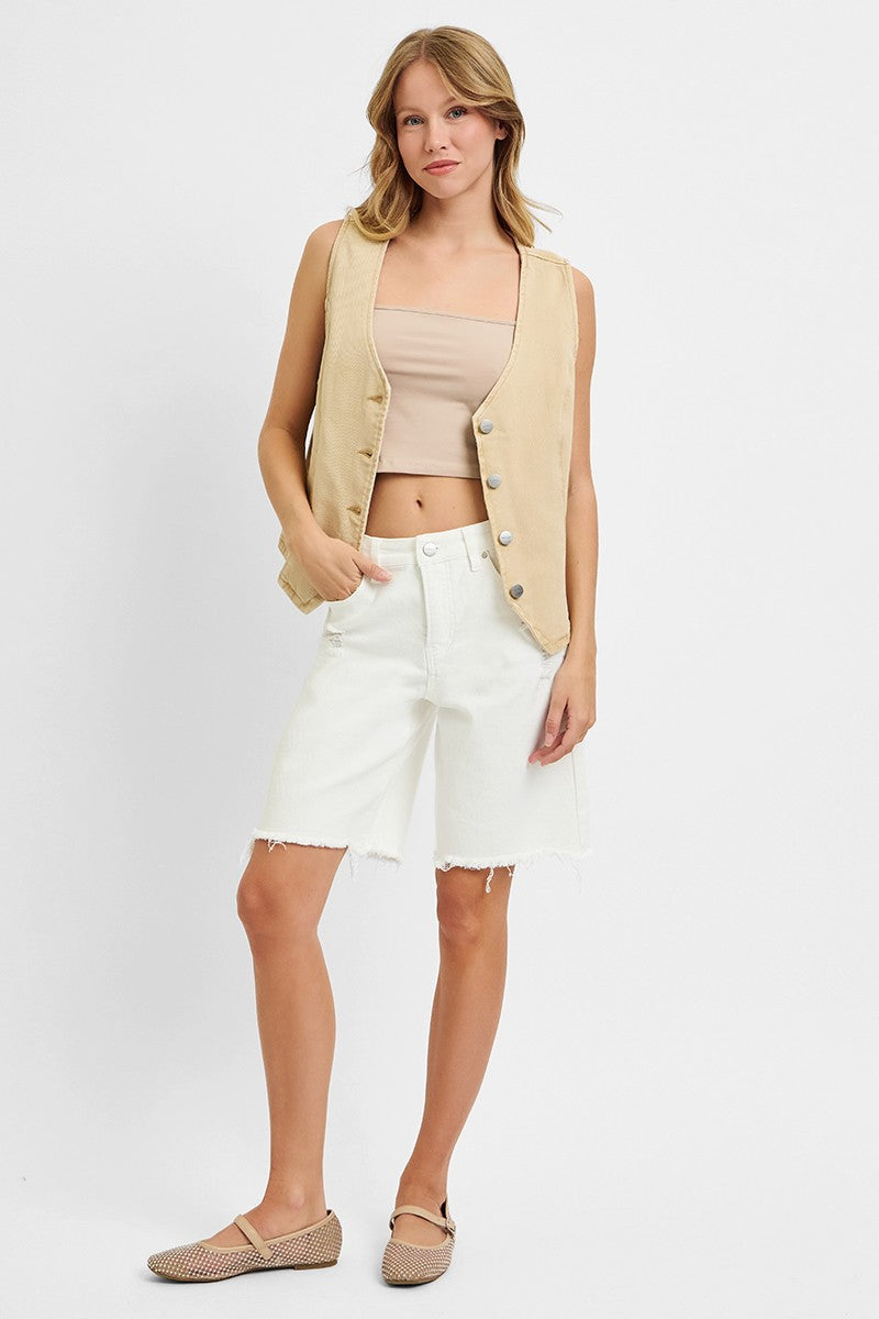 RISEN Full Size V Neck Button Down Vest Plus Size-Risen-Latte-1XL-Urbanheer