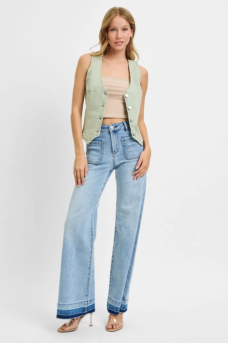 RISEN Full Size V Neck Button Down Vest Plus Size-Risen-Pistachio-S-Urbanheer