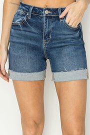 RISEN High Rise Cuffed Denim Shorts-Risen-Dark-S-Urbanheer
