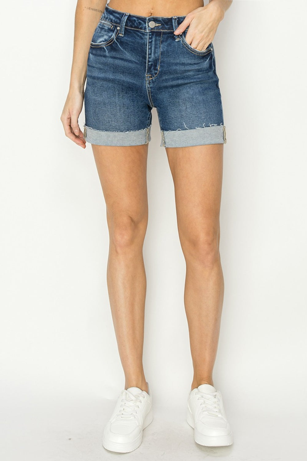 RISEN High Rise Cuffed Denim Shorts-Risen-Dark-S-Urbanheer