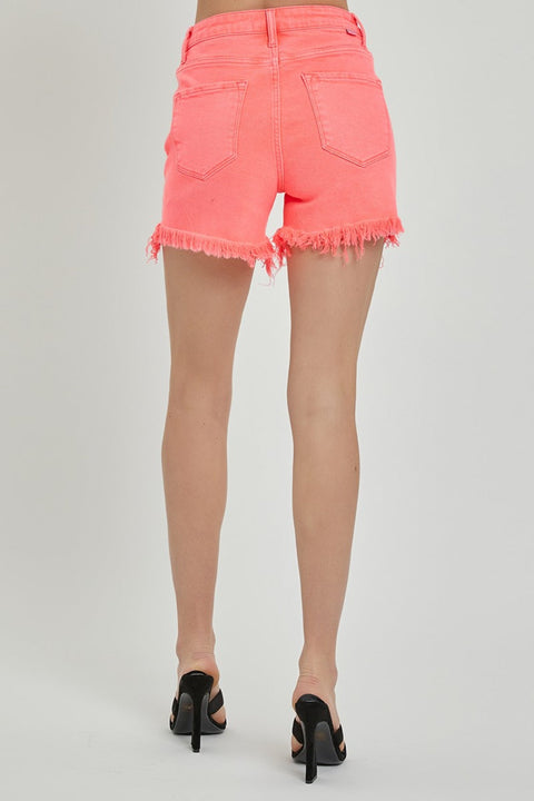 RISEN Raw Hem Asymmetrical Waist Denim Shorts-Risen-Coral Pink-S-Urbanheer