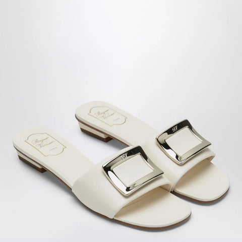 ROGER VIVIER Square buckle leather slides white