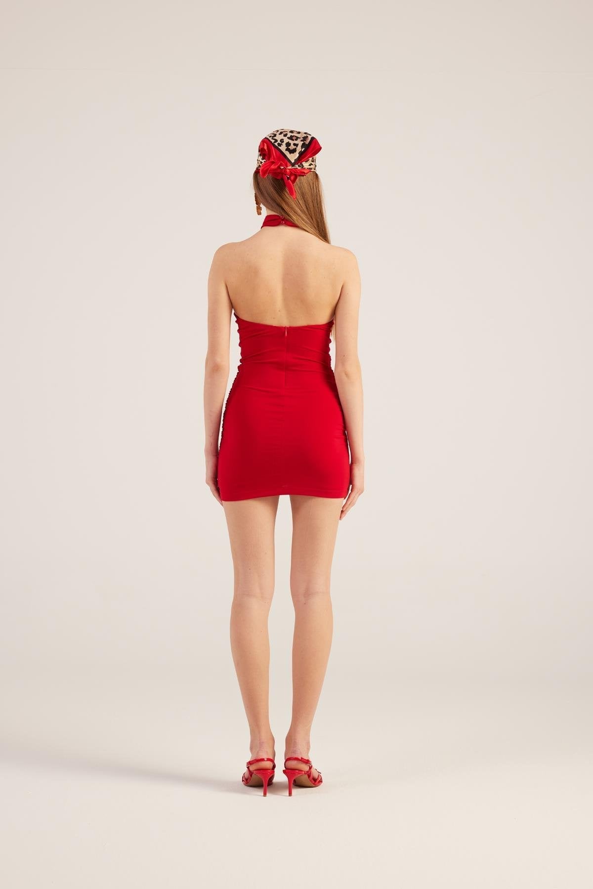Rachel Red Halter Neck Mini Dress-Sheath Dresses-Buy Me Fur Ltd-Red-XS-Polyester - Elastane Blend-Urbanheer