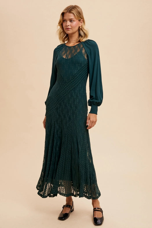 Raglan Vintage Lace Paneled Dress EVERGREEN-Dress-In Loom-S-Urbanheer