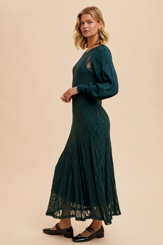 Raglan Vintage Lace Paneled Dress EVERGREEN-Dress-In Loom-S-Urbanheer