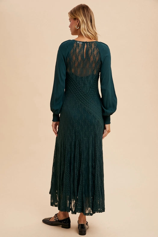 Raglan Vintage Lace Paneled Dress EVERGREEN-Dress-In Loom-S-Urbanheer