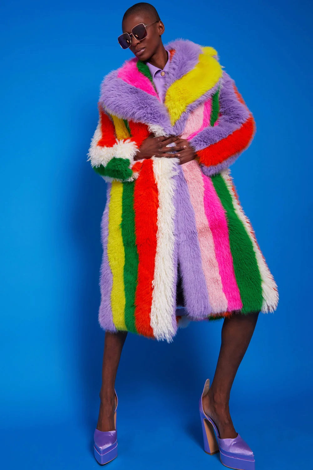 Rainbow Faux Fur Hand Crafted Eco Bamboo Maxi Coat-Faux Fur Coats-Buy Me Fur Ltd-S-M-Multicolor-Faux Fur-Urbanheer